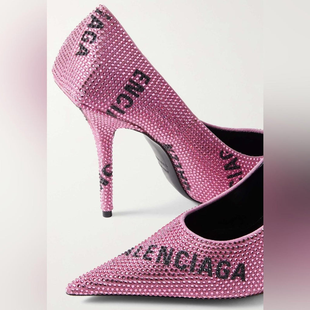 Balenciaga Square Knife Crystal -Embellished Logo Suede Pumps